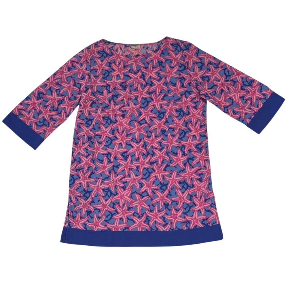 Talbots Top Starfish Print Tunic Pink Blue 3/4 Sleeve Summer Womens Medium